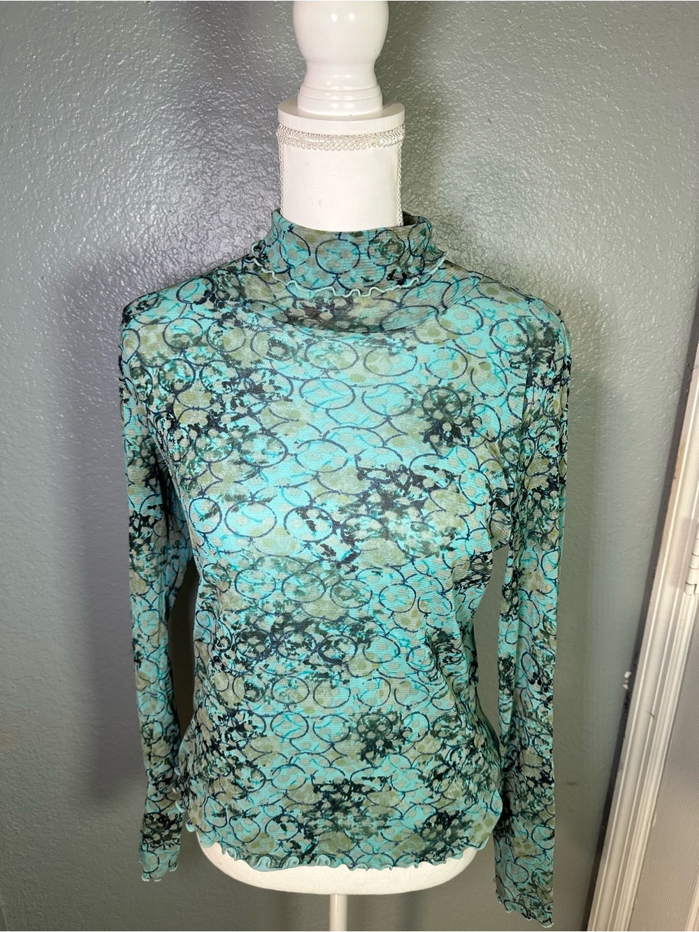 Sigrid Olsen Teal Blue Patterned Long-Sleeve Mock Neck Top